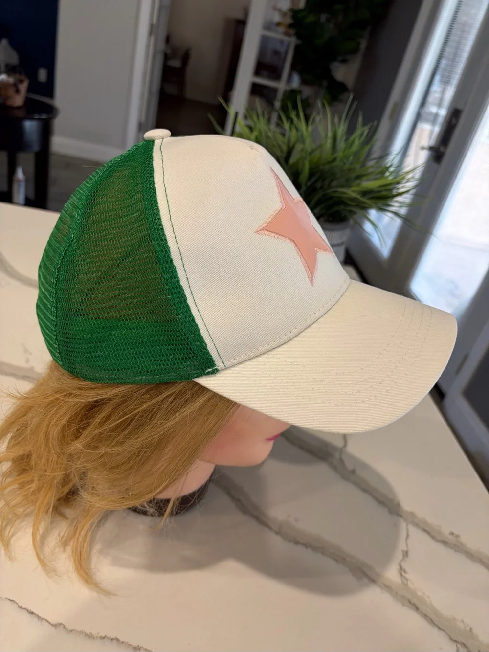 Vintage Havana White & Green Trucker Hat with Pink Star OS
